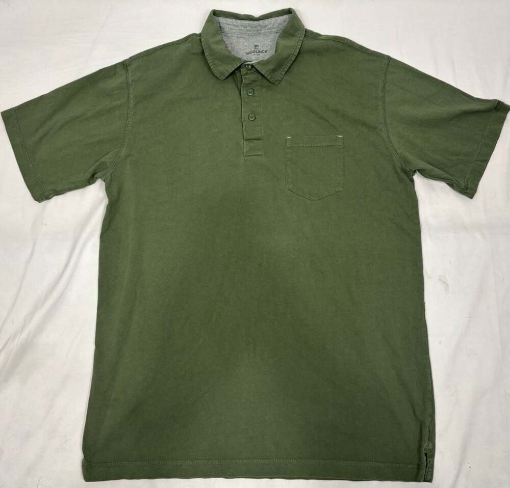 Woolrich Men’s Polo Shirt Size L Green Short Sleeve Pocket Preppy Casual Cotton